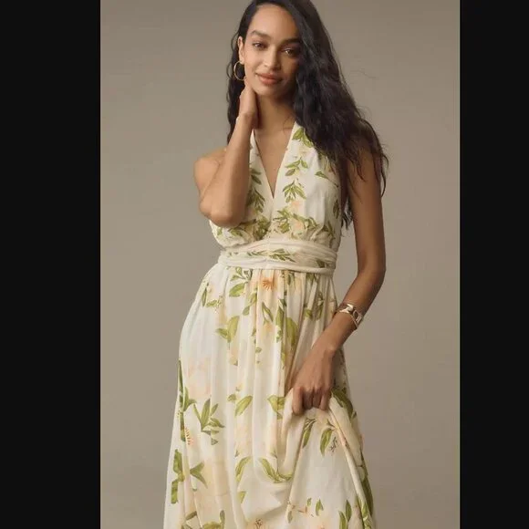 New S Farm Rio x Anthropologie v-neck floral chiffon maxi dress